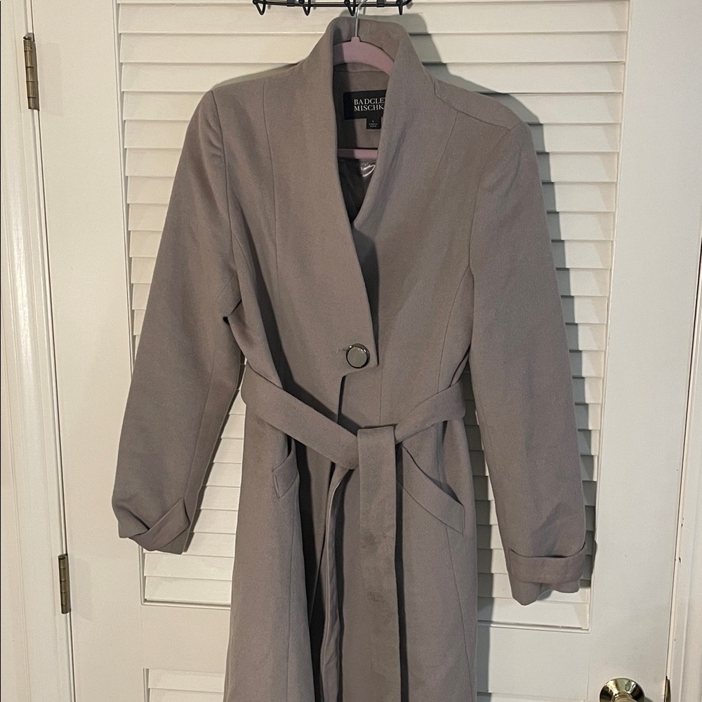 Badgley Mischka Taupe Trench With Belt Coat Wool Blend